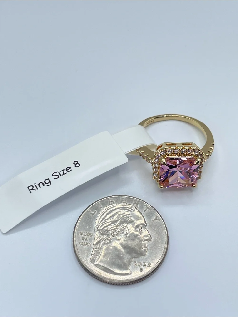 Swarovski Crystal Elements Pink Princess Cut Halo Art Deco Statement Ring Size 9